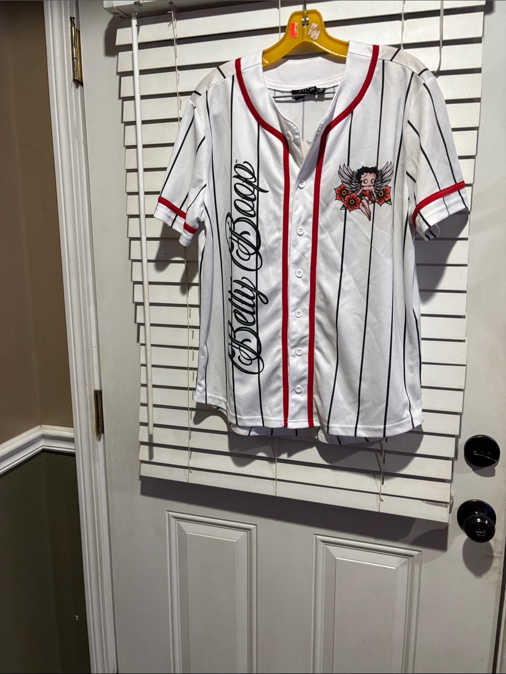 Betty Boop White Pinstripe Baseball Button-Down Shirt with Red Trim